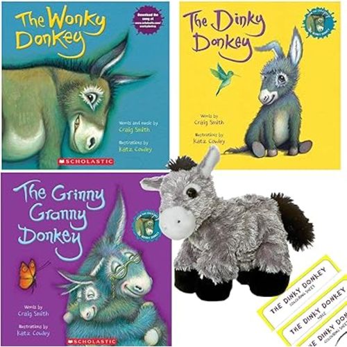 Wonky Donkey Gift Set with 3 Stories by Craig Smith and Ms. Katz Cowley (The Wonky Donkey, The Dinky Donkey, and The Grinny Granny Donkey) with Donkey Stuffed Animal Baby Plush Toy and Activity Pages