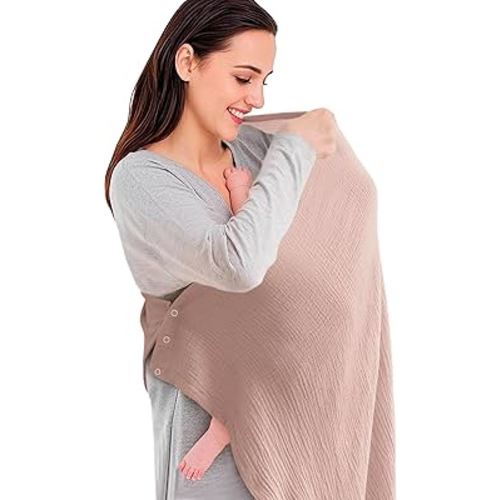 Konssy Muslin Nursing Cover for Baby Breastfeeding, Breathable 100% Cotton Breastfeeding Cover with 3-Point Rotary Buckle, Multi-Use Car Seat Cover Baby, Nursing Blanket(Taupe)