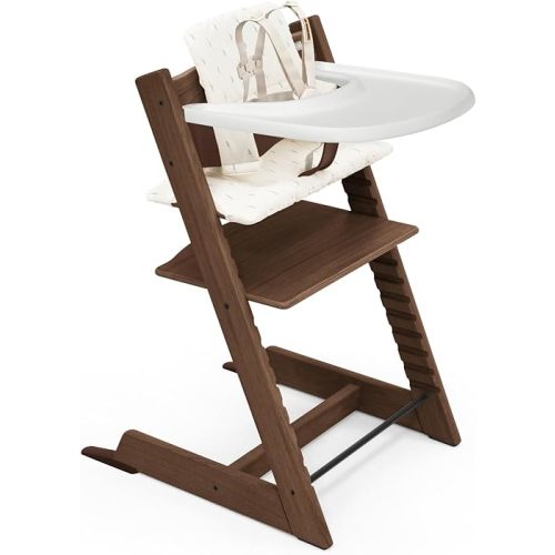 Stokke Tripp Trapp Oak High Chair 2 (Warm Brown), Cushion 2 (Wheat Cream) + Stokke Tray (White) - Includes Chair + Baby Set 2 with Removable Harness for Children 6-36 Months