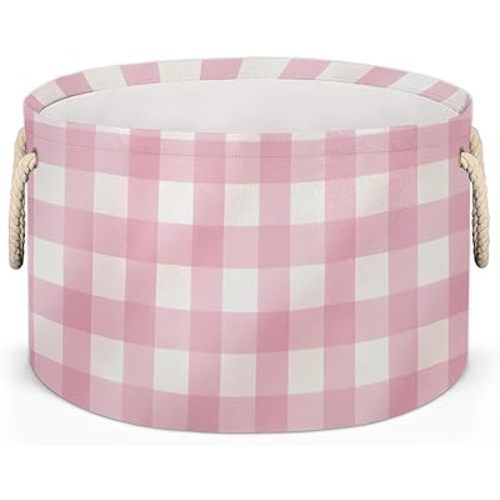 Large Round Storage Basket Pinks and White Checker Collapsible Circle Storage Bin Laundry Hamper With Handle for Kids Toy Blanket Dirty Clothes Towel Living Room Storage 19.4in by 13.3in