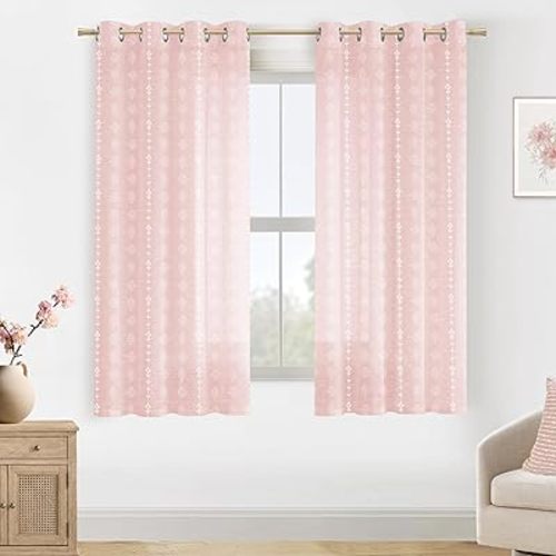 Cute Pink Curtains for Nursery Girl Bedroom,Boho Floral Light Blush Linen Sheer Princess Curtains for Baby Teen Room Decor Aesthetic