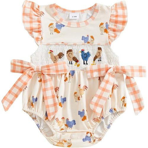 Newborn Baby Girl Romper Farm Chicken Onesie Outfit Ruffle Smocked Plaid Bodysuit Western Country Summer Clothes