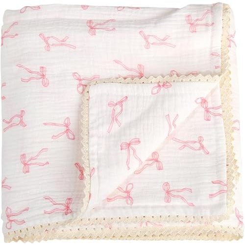 Muslin Baby Blanket for Girls, 100% Cotton Crib Blanket for Infant Toddler,Lightweight Swaddling Wrap 40"x 40", Soft Nursery Receiving Blankets Baby Essentials (Pink Bow Print)