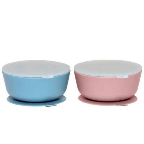 Weesprout Suction Bowls for Baby & Toddlers, 100% Silicone with Plastic Lid, 12 oz - Muted Blue + Muted Pink, Set of 2