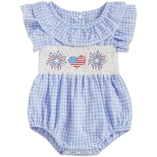 4th Of July Outfits For Baby Girls Summer Rompers Ruffled Collar Smocked Bodysuits Gingham Romper