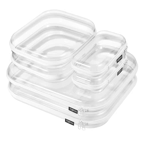YQBRAO 6 Pack Clear Hard Shell Zipper Case, See-Through Hard Plastic Organizer Pouches with Zipper for Travel, Toiletries, Makeup, Electronics & Office Supplies - Crush-Resistant Storage
