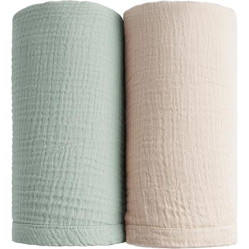 Konssy Muslin Swaddle Blankets for Boys Girls, 2 Pack Receiving Baby Blanket Large 47 x 47 inches, Soft Breathable Swaddling Wrap for Unisex Newborn (Green, Cream)