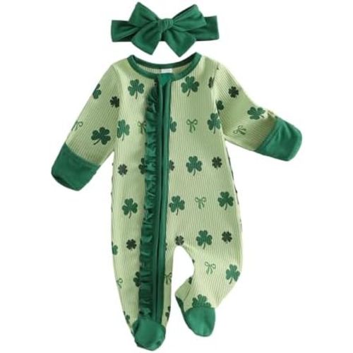 Baby Girl St Patricks Day Outfit Shamrock Bow Long Sleeve Zipper Footie Romper Infant Jumpsuit Spring Clothes Headband