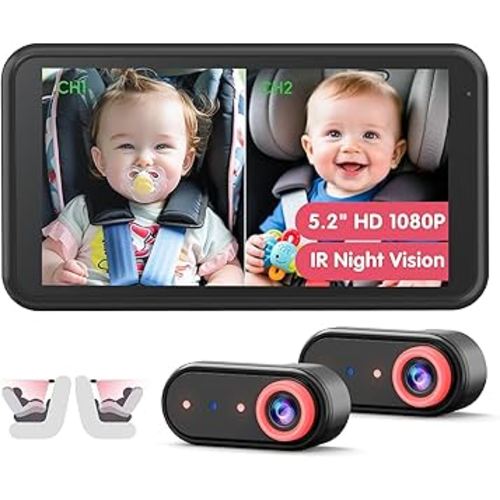 BM2 PRO Dual Baby Car Camera, 5.2" 1080P HD Display for Rear-Facing Car Seats, IR Night Vision, Anti-Shake Mount, Easy Install – Ideal for Parents with 2 Kids and Pets