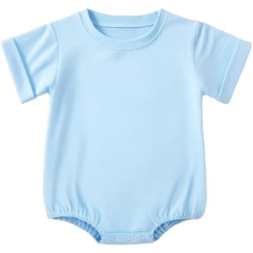 Baby Boy Girl Bubble Romper Short Sleeve Plain Bodysuit T-Shirt Oversize Tops Crewneck Outfit