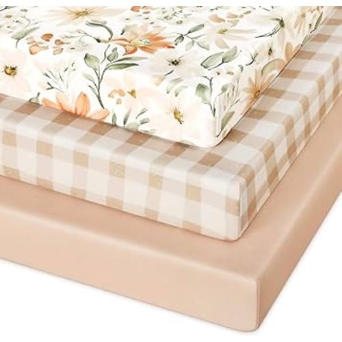 Pack and Play Sheets Fitted 3 Pack, Mini Crib Sheets for Pack N Play Mattress Stretchy Portable Playard Sheets, Soft Breathable Orange Flowers & Plaid
