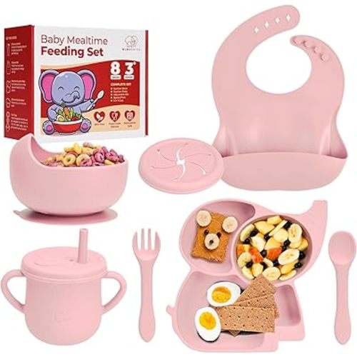Complete Silicone Baby Feeding Set - 6+ Months Food Grade Baby Feeding Essentials | Silicone Bibs, Baby Bowls and Plates, 3 in 1 Baby Sippy Cup, Spoons and Fork Set | Free of BPA/PVC/Lead/Phthalate
