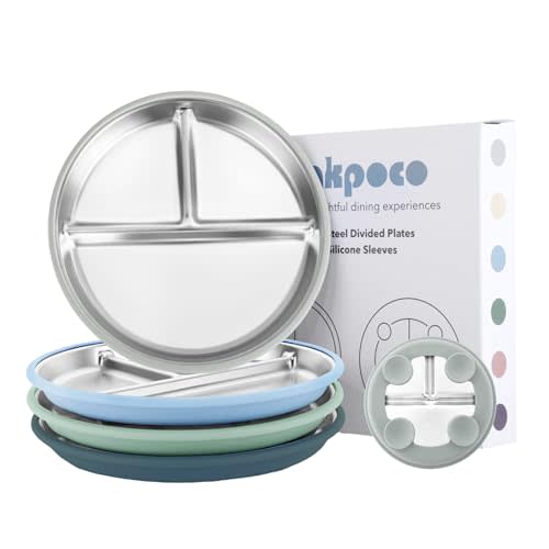 Bakpoco Stainless Steel Suction Plates for Toddlers, 9" Divided Kids Baby Plates with Removable Silicone Suction, Non Toxic Non Slip Portion Control Snack Dishes 4 Packs, Blue Gray Navy Sage