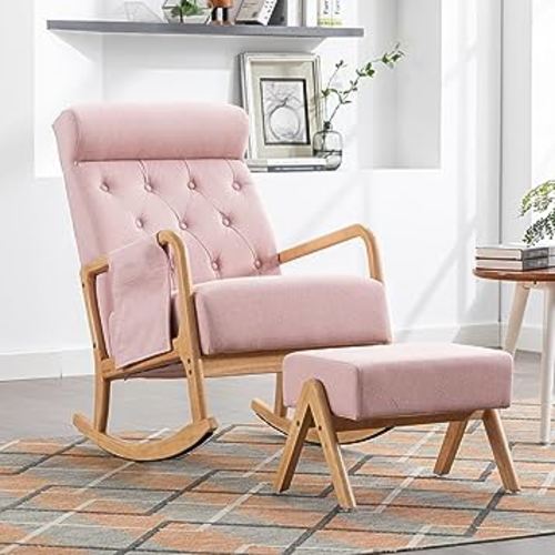 GNIXUU Glider Chair with Ottoman, Rocking Chair for Nursery, Upholstered Fabric Rocking Armchair Indoor with High Backrest for Living Room(Pink)