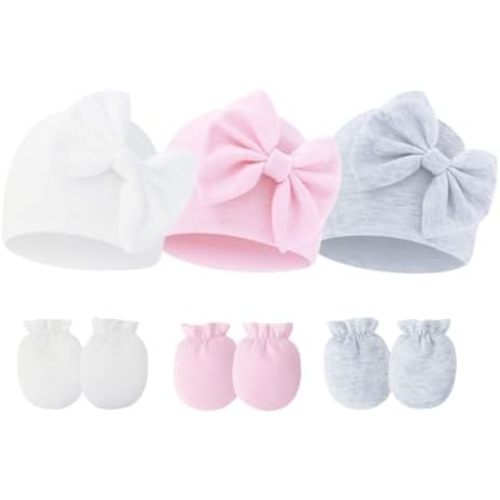 Newborn Baby Hats Mittens Sets Bow Infant Caps Gloves No Scratch Mitten Beanie Set for 0-6 Months Girls