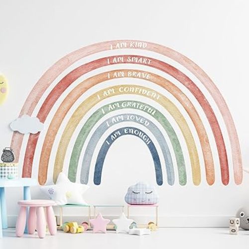 76.77x47.24'' Watercolor Large Rainbow Wall Decal with Inspirational Quote Peel and Stick Rainbow Wall Stickers Waterproof Decal for Girls Kids Bedroom Classroom Nursery Playroom(Cute)