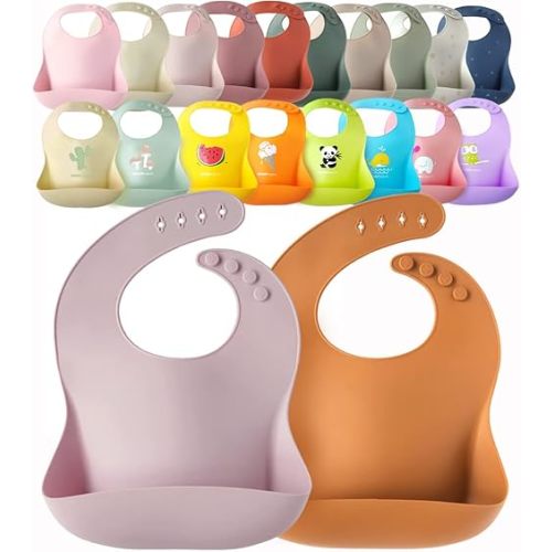 2-Pack Waterproof Silicone Baby Bib Lightweight Comfortable Easy-Wipe Clean (Cloud/Marigold, Large)