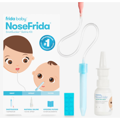 Frida Baby Saline Kit, Includes NoseFrida Nasal Aspirator for Baby, Baby Nose Sucker, Saline Nasal Spray for Babies with 10 Extra Hygiene Filters, Nasal Spray Decongestant, 0.68 fl oz