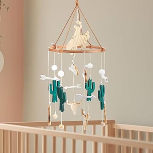 Cowboy Baby Crib Mobile Western Cowboy Nursery Mobiles Boho Ceiling Mobile Wooden Wind Chime Hanging Mobile Cactus Horse Hats Mobiles Bassinet for Room Decor Photography Prop Newborn Gift
