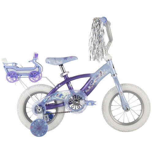 Huffy Disney Frozen Kids Bicycle 12in. with Doll Carrier Sleigh, Training Wheels, Ages 3-5 Years, White and Purple