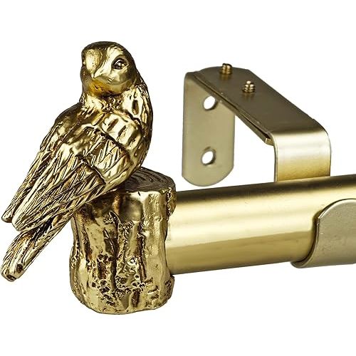 1-1/8 Inch Diameter Brushed Gold Curtain Rod with Bird Design Finials, 72-144'' Telescoping Single Curtain Rods for window width 68-140 inch, 1 pack