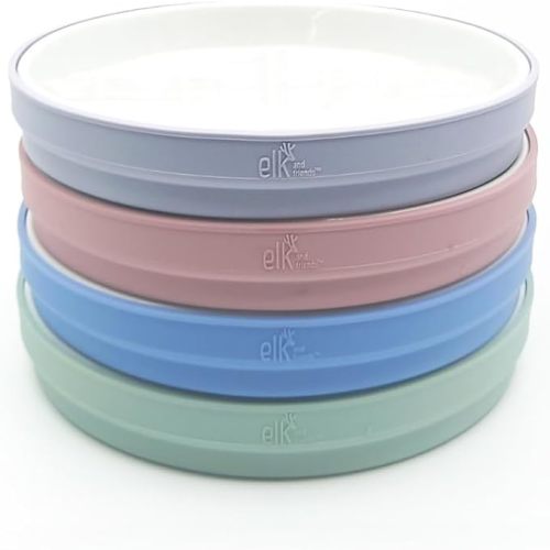 Elk and Friends Kids 7.8” Porcelain White Plates with Silicone Sleeves | Suitable for Kids/Toddlers | Microwave & Dishwasher Safe | Non Slip | Snack Dishes