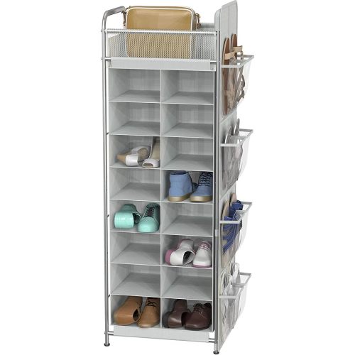 Simple Houseware 16 Cube Shoe Stand Tower Rack 8 Tier with Top Shelf and Side Hanging Pockets, Gray