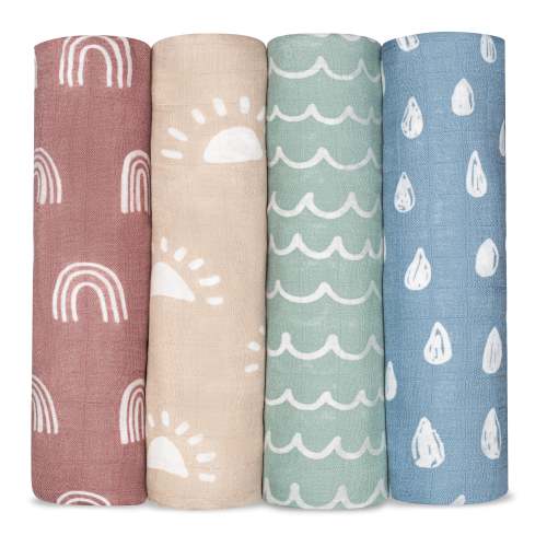 Baby Muslin Swaddle Blankets, 4 Pack by Comfy Cubs - Sun, Rainbow, Rain & Doodle