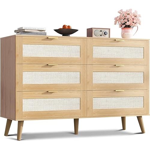 WLIVE Rattan Dresser for Bedroom, 6 Drawer 47.24'' Wide Boho Wood Dresser, Chest of Drawers, Gold Metal Handle, TV Stand for 55 inch TV, Storage Cabinet for Living Room, Hallway, Light Oak