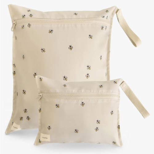mushie Water Resistant Wet Bags | Large & Small Reusable Storage Bag for Baby Items and Travel | Zippered Pockets with Handle | Machine Washable, Set of 2 (Bees)