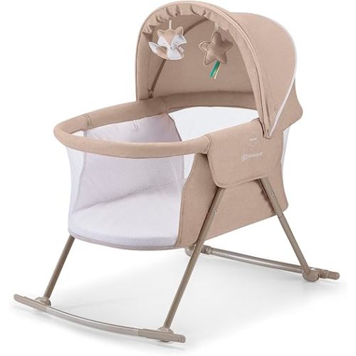 Kinderkraft LOVI Travel Bassinet for Baby, Portable Folding Baby Bed with Built-in Mosquito net, Adjustable Hood and an Additional Cradle Function. Beige