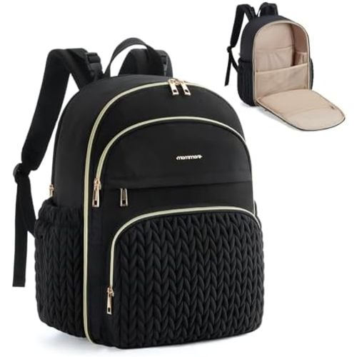 mommore Diaper Bag Backpack Large Baby Bag with Insulated Pockets, Laptop Sleeve Stroller Buckles, Quilted Travel Diaper Backpack with Luggage Strap
