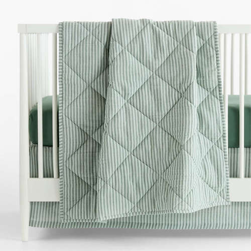 Supersoft Pine Green Quilted Striped 100% Organic Cotton Gauze Baby Crib Quilt