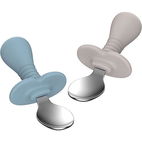 Baby Spoons Toddler Spoons for Self Feeding, Kids Spoons with Silicone Round Handle, Stainless Steel Toddler Utensils Children Safe Silverware Set, Anti-Choke Design, BPA Free (Grey, Lite Blue)
