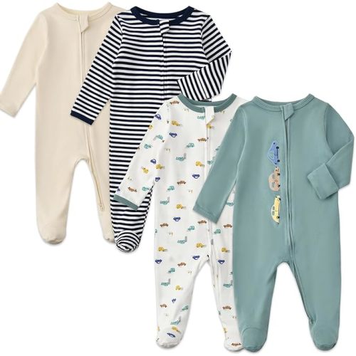 Aablexema Baby Footed Pajamas with Mitten Cuffs Zipper 4-Pack Infant Newborn Cotton Long Sleeve Outfit