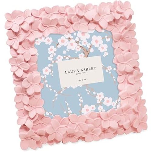Laura Ashley 4x4 Pink Flower Textured Hand-Crafted Resin Picture Frame with Easel & Hook for Tabletop & Wall Display, Decorative Floral Design Home Décor, Photo Gallery, Art, More (4x4, Pink)