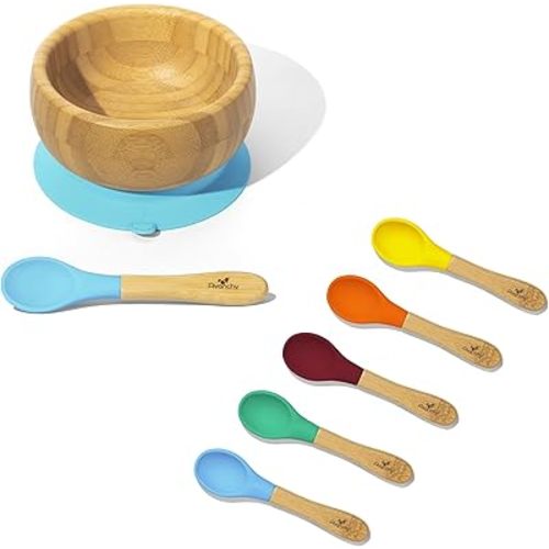Avanchy Baby Bowls with Suction + 6 Spoons. Food Set for Babies Kids Toddler Boys Girl + Travel Baby Silicone Spoon. Fits Feeding High Chair Table, Blue + 5 Spoons