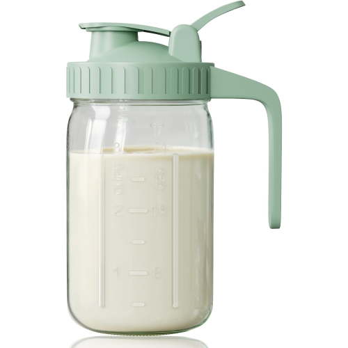 GOSCHE Breast Milk Pitcher,Wide Mouth Glass Mason Jar Pitcher with Green Flip Cap Lid and Pour Spout, Airtight Seal for Freshness and Safe Milk, 32oz