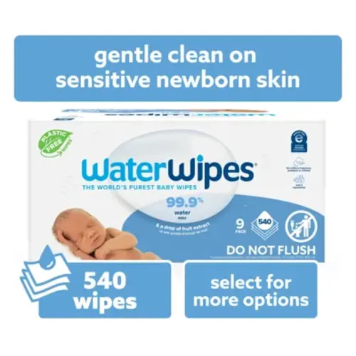 WaterWipes Non-Fragrance Baby Wipes, 99.9% Water Based, 9 Packs (540 Wipes), Unscented