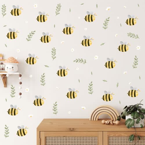 Cute Bee Wall Stickers Boho Bee Wall Decals Nursery Decal Peel and Stick Cute Animal Stickers Watercolor Bees Decals Green Leaf Cartoon Bumble Bees Wall Stickers for Kids Room Nursery Decor