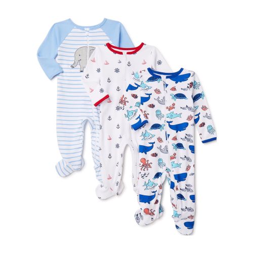 Wonder Nation Newborn Baby Boy Sleep and Play Pajamas, 3 Pack, Preemie-6/9 Months