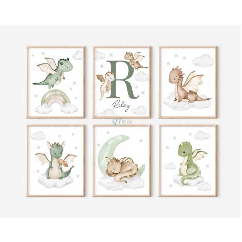 Personalized Dragon Nursery Prints, Custom Boy Name Wall Art, Dragon Playroom Decor, Baby Kids Room Baby Dragon Posters,  DIGITAL DOWNLOAD