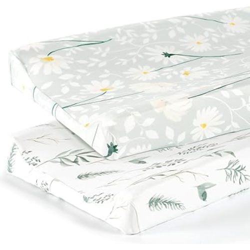 GRSSDER Stretch Ultra Soft Jersey Knit Changing Pad Cover Set 2 Pack, Change Table Pad Covers Fit 32"/34" x 16" Pads Safe and Snug, Pretty Watercolor Daisy Flowers for Baby Girls