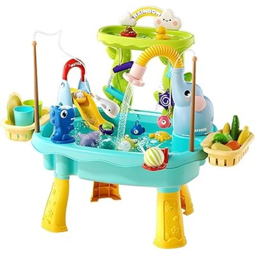 2027 Upgraded 4-in-1 Sand Water Table for Toddlers 1-3, Kids Sensory Table with Electric Water Pump & Elephant Faucet, Play Kitchen Sink with Food Accessories, Fishing Toy (Blue)