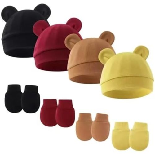 Newborn Baby Hats and Mittens Set Bear Ear Baby Beanie No Scratch Cotton Infant Caps Gloves Newborn Hats for Boys Girls