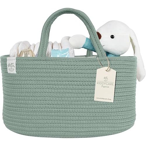 KiddyCare Diaper Caddy Organizer for Baby Nursery Basket with Handle Lid Nursing Caddy with Changing Table Organizer Cart Newborn Caddy Basil Large