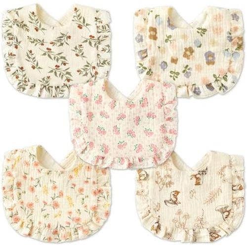 Zainpe 5Pcs Snap Muslin Cotton Baby Drooling Bibs Bib with Flounce Lace Absorbent Layers Soft Burp Cloths for Infant