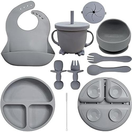 Baby Led Weaning Supplies | 10 Piece Silicone Feeding Set | Baby Toddler Bib Cup Divided Plate and Bowl Self Feeding Spoons Dish Set | Baby Utensils | Toddler Feeding Supplies (Gray)