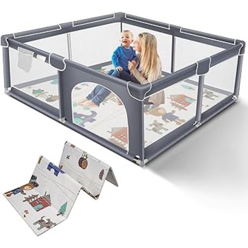 Suposeu Baby Playpen with Mat, Large Playpen for Babies and Toddlers, Play Yard for Indoor and Outdoor Use, Sturdy Safety Fence with Soft Breathable Mesh (71x59 Inches, Grey)
