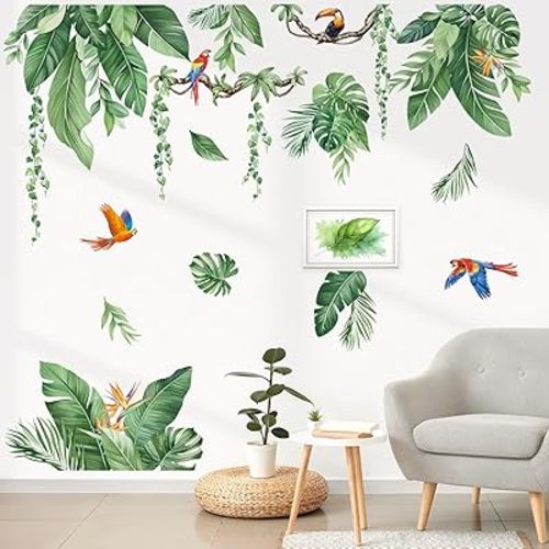 decalmile Tropical Jungle Leaves Wall Decals Palm Leaf Hanging Vines Green Plants Wall Stickers Living Room Bedroom Tv Background Wall Decor